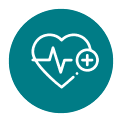 Icône circulaire turquoise montrant un cœur avec un tracé ECG et un symbole plus, légendée Nusa Penida.