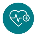 Icône circulaire turquoise montrant un cœur avec un tracé ECG et un symbole plus, légendée Nusa Penida.
