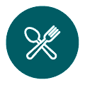 Pictogramme blanc d’une cuillère et d’une fourchette croisées sur fond teal circulaire, texte implicite : Nusa Penida restaurant.