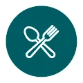 Pictogramme blanc d’une cuillère et d’une fourchette croisées sur fond teal circulaire, texte implicite : Nusa Penida restaurant.