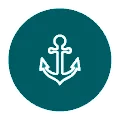 Icône circulaire montrant une ancre blanche sur fond vert, évoquant la navigation ou excursions en bateau à Nusa Penida.