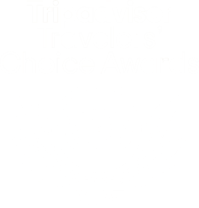 Tripadvisor Travelers' Choice Awards 2025 logo with owl emblem and laurel wreath, white on dark background; text mentions Nusa Penida promotion.