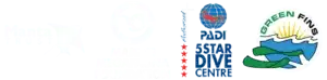 Suite de quatre logos d'organisations marines: Manta Trust, Marine Megafauna Foundation, centre de plongée PADI 5 étoiles et Green Fins.