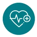 Icône circulaire turquoise montrant un cœur avec un tracé ECG et un symbole plus, légendée Nusa Penida.