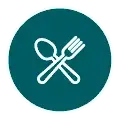 Pictogramme blanc d’une cuillère et d’une fourchette croisées sur fond teal circulaire, texte implicite : Nusa Penida restaurant.