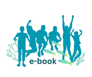 Silhouettes de six enfants sautant et levant les bras au-dessus du mot « e-book », avec poissons et algues stylisés en arrière-plan.