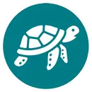 Icône stylisée d'une tortue blanche sur fond turquoise circulaire, symbole lié à Nusa Penida et à la protection des tortues marines.