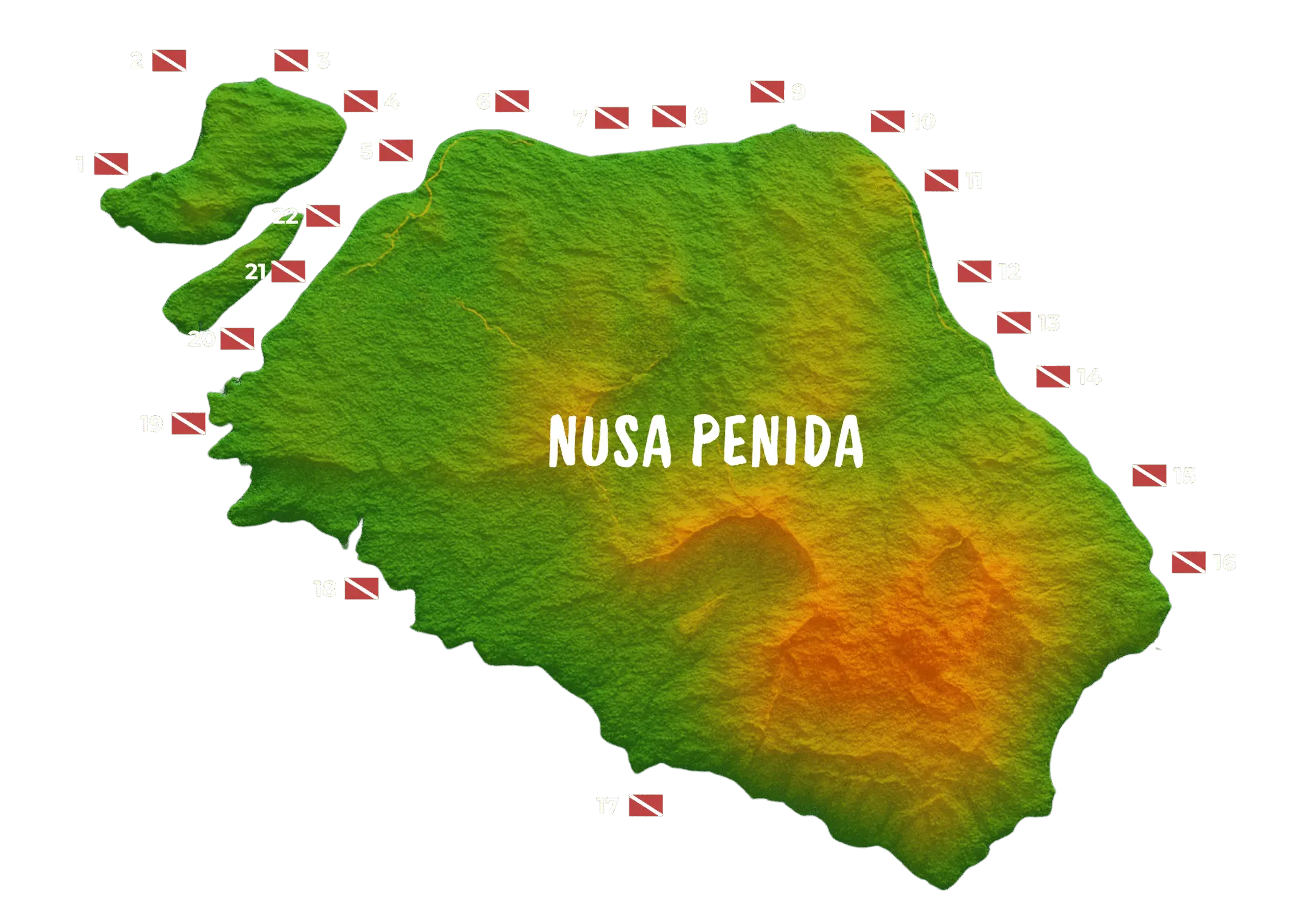 Vue en relief de Nusa Penida avec relief coloré et étiquettes numérotées autour marquant 22 sites de plongée.