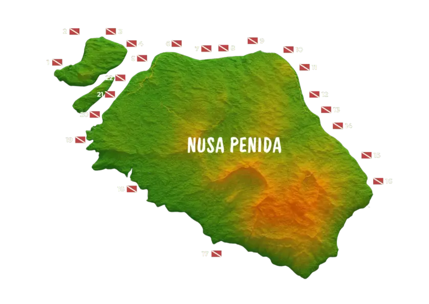 Carte en relief de Nusa Penida montrant des sites de plongée numérotés autour de l'île avec l'étiquette centrale "Nusa Penida".