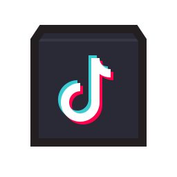 Icône du logo TikTok stylisé en blanc avec contours bleu et rose sur un carré sombre en léger relief