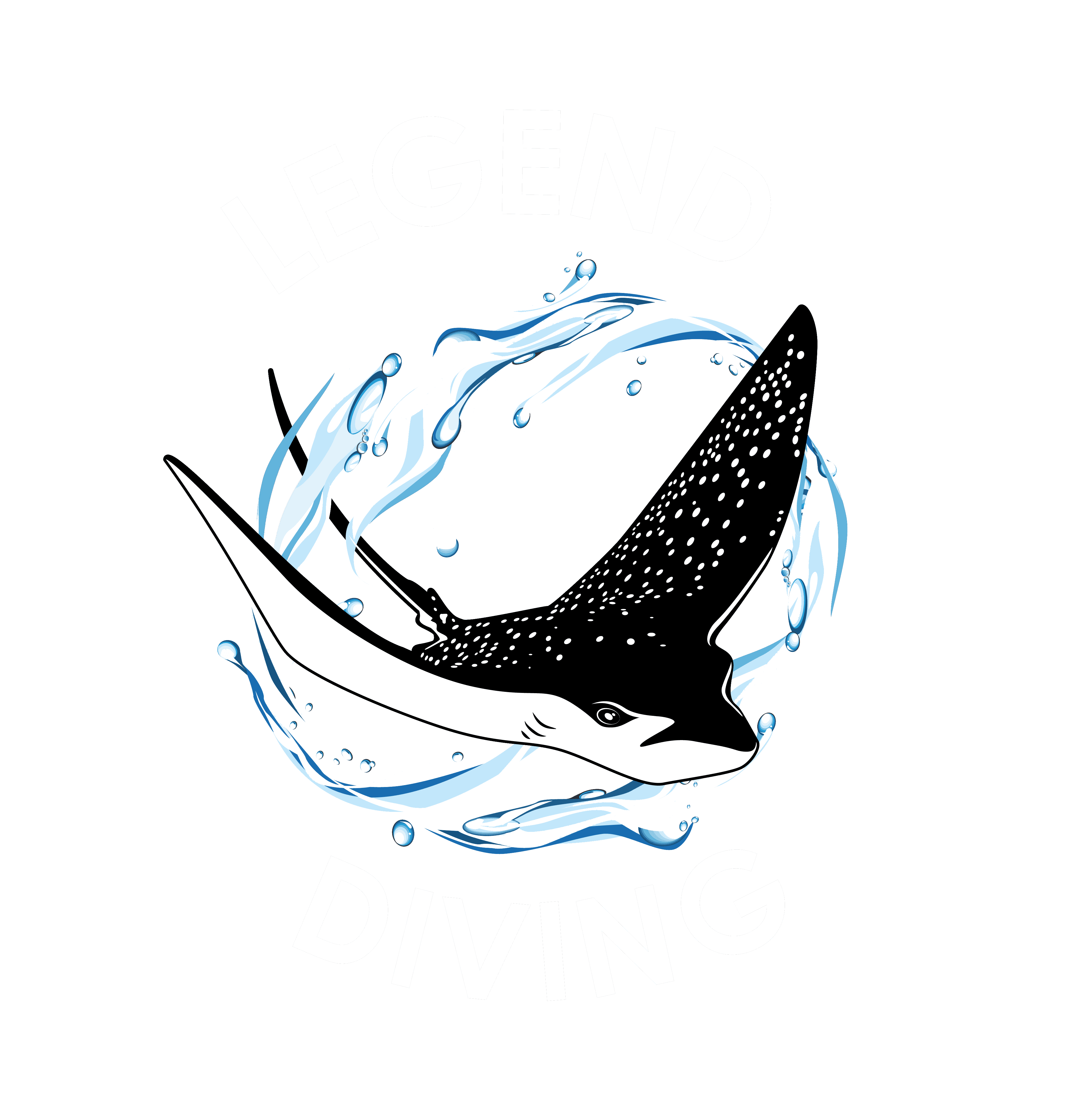 Logo montrant une raie manta nageant parmi des éclaboussures d'eau avec le texte "Legend Diving" et mention Nusa Penida.