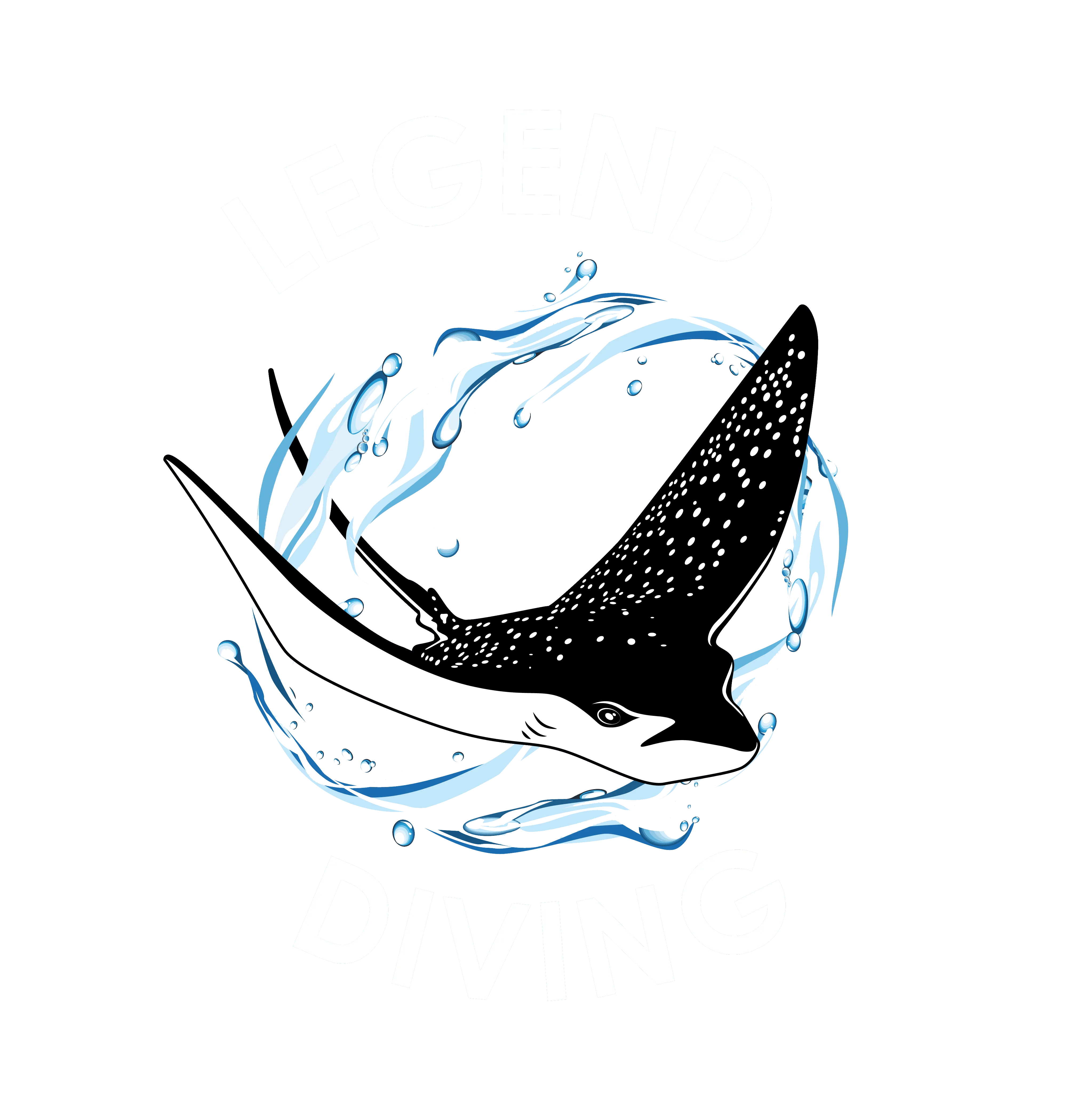 Logo original no background white Letters Logo montrant une raie manta nageant parmi des éclaboussures d'eau avec le texte "Legend Diving" et mention Nusa Penida.